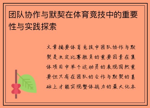 团队协作与默契在体育竞技中的重要性与实践探索